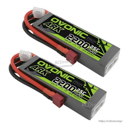 Pair of Ovonic ARK 2200mAh 3S LiPo batteries, top view showing labels, wires, and connectors