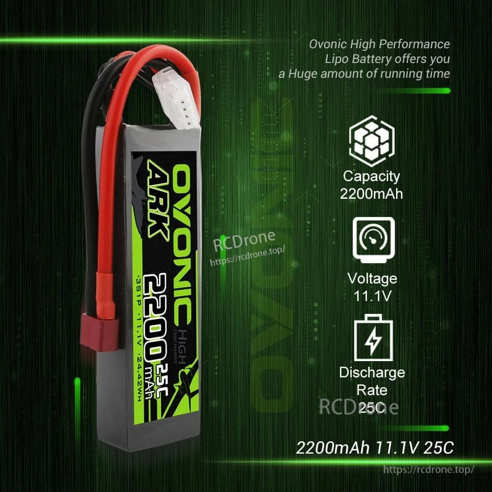 Specification graphic listing 2200mAh capacity, 11.1V voltage, and 25C discharge rate for Ovonic ARK