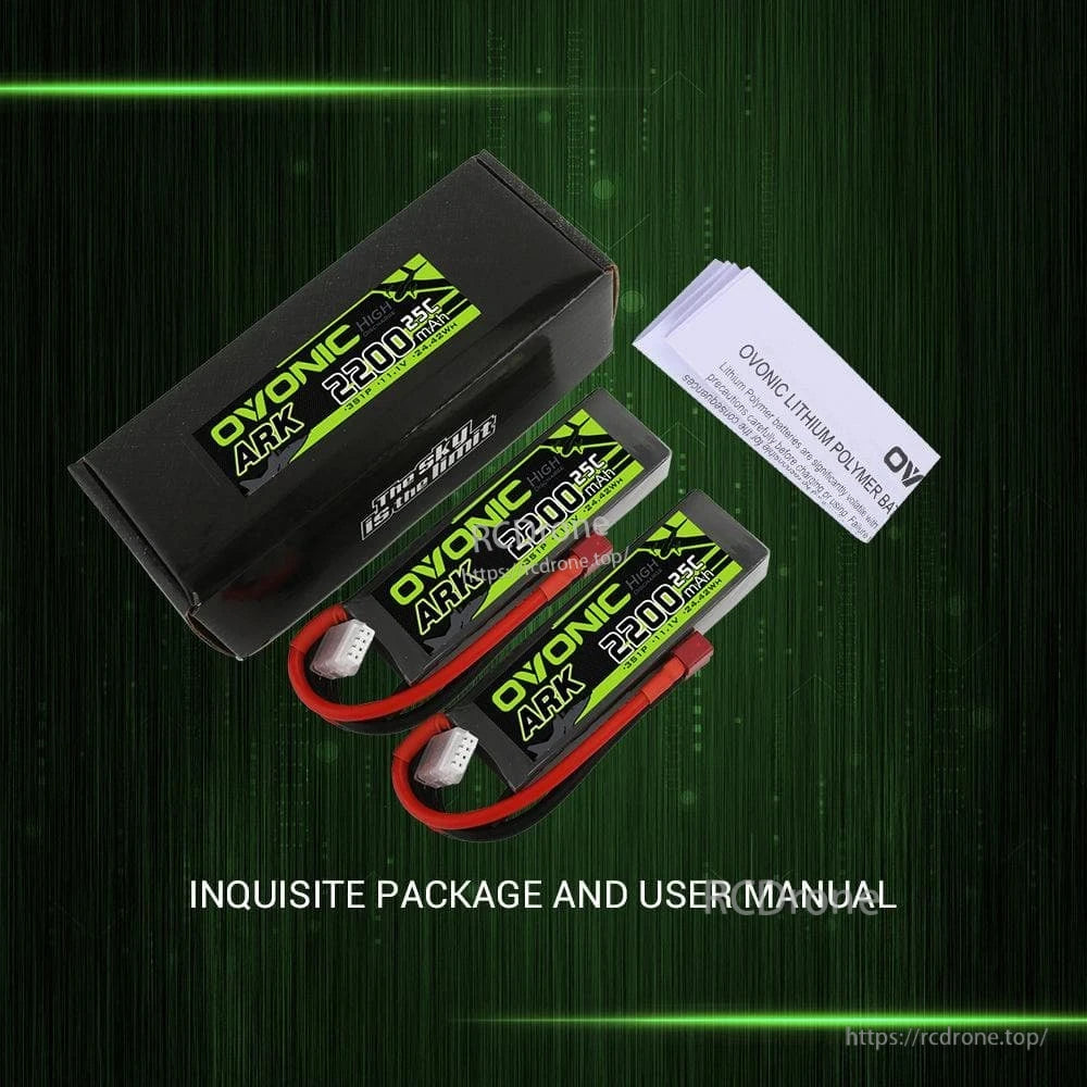 Package contents: two Ovonic ARK 2200mAh LiPo batteries, product box, and user manual