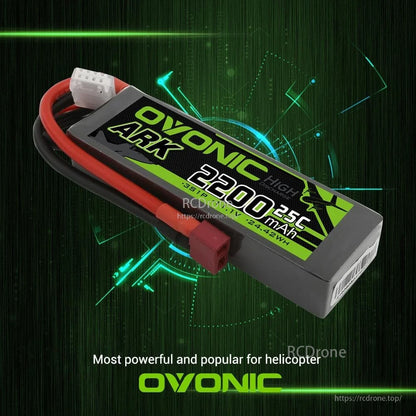 Single Ovonic ARK 2200mAh 3S LiPo battery angled view with Deans connector and JST-XH balance lead