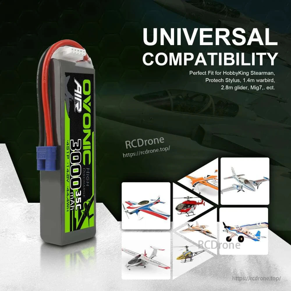 Ovonic Air 3000mAh 4S 14.8V 35C LiPo battery shown with universal RC plane compatibility graphic