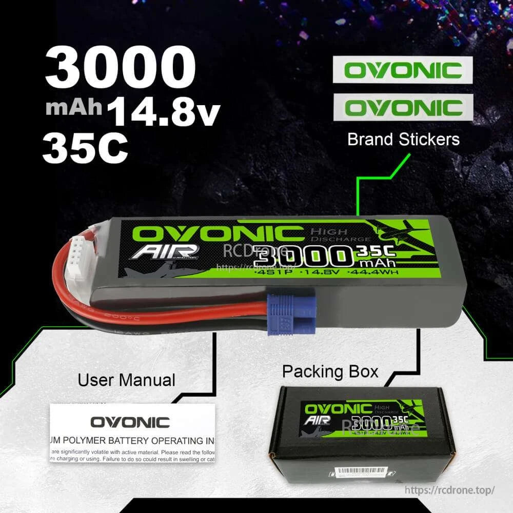 Ovonic Air 3000mAh 4S 14.8V 35C LiPo battery with packing box, user manual and brand stickers shown