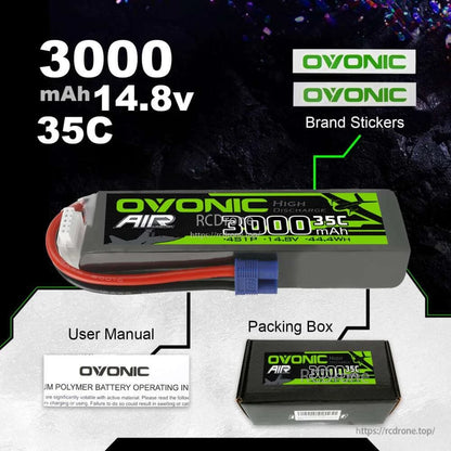 Ovonic Air 3000mAh 4S 14.8V 35C LiPo battery with packing box, user manual and brand stickers shown