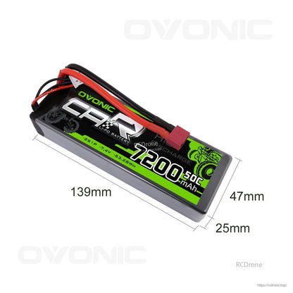 Ovonic 2S hardcase LiPo battery dimensions diagram showing 139mm x 47mm x 25mm