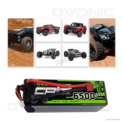 RC car application collage with Ovonic hardcase 4S battery shown below on white background
