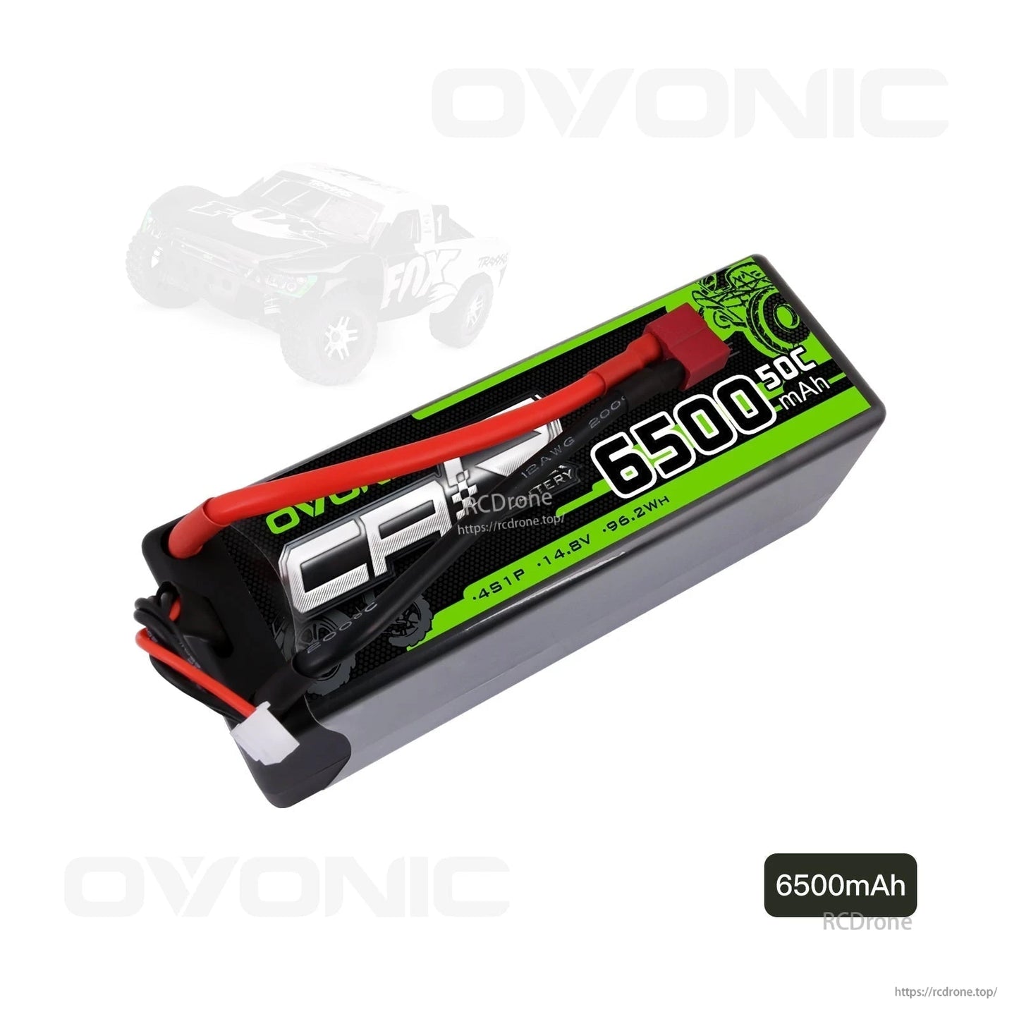 Angled top view of hardcase battery showing 6500mAh 50C label and attached leads