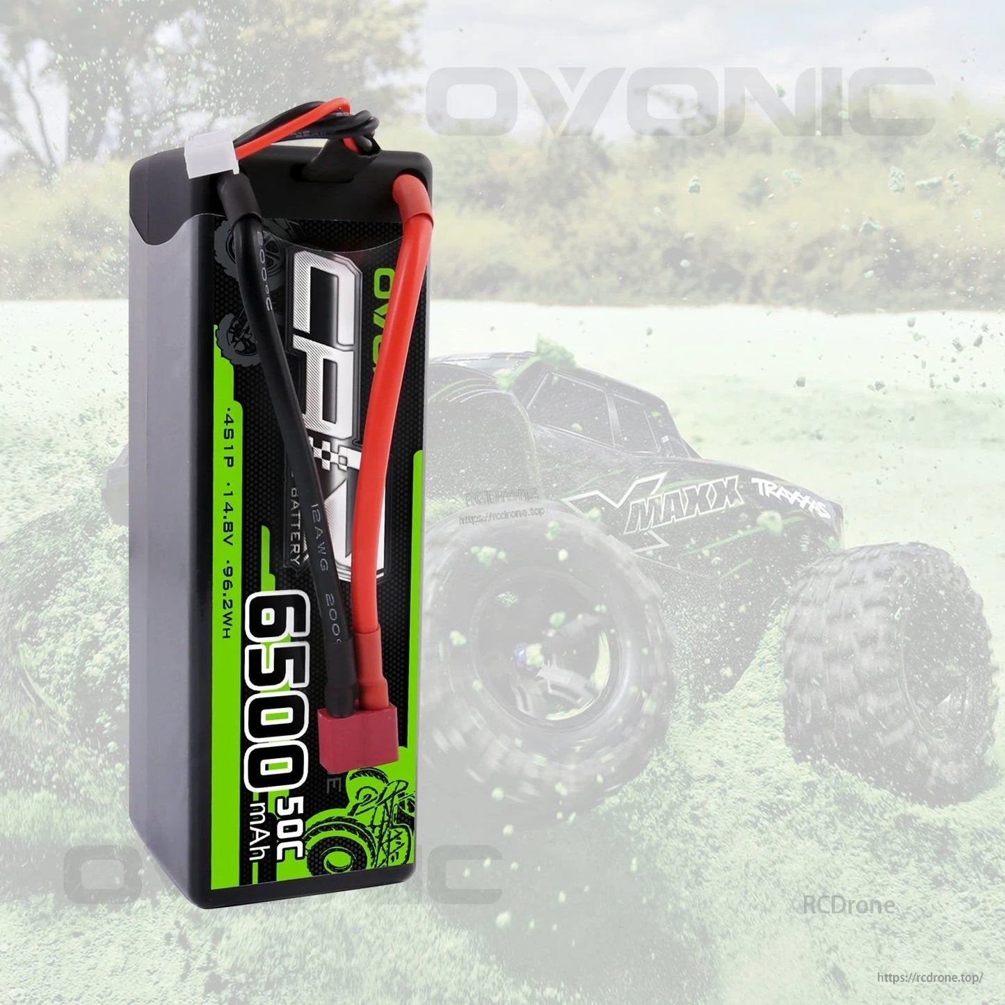 Ovonic hardcase LiPo battery standing upright with wiring and Deans-style plug, action background