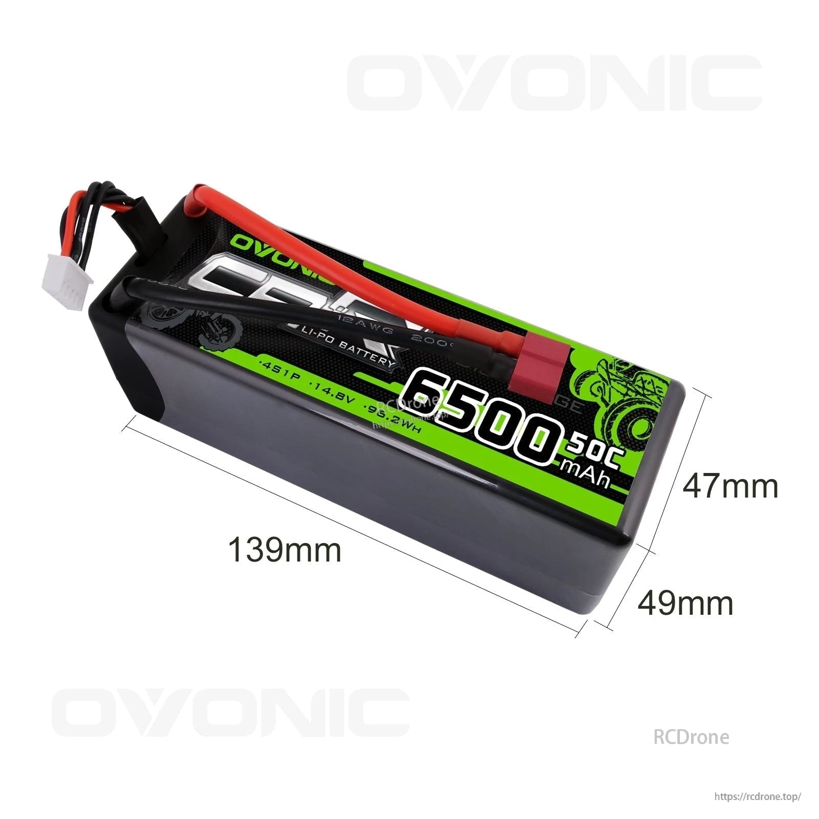 Ovonic 4S 6500mAh hardcase LiPo battery with size diagram 139 x 49 x 47 mm