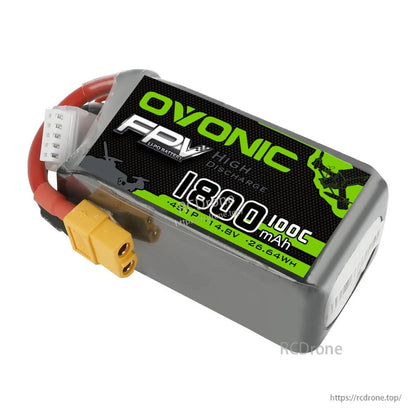 Angled view of 1800mAh 100C LiPo pack with yellow XT60 connector and white balance plug