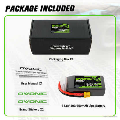 Package included: Ovonic battery box, user manual, brand stickers, and 14.8V 80C 650mAh LiPo battery