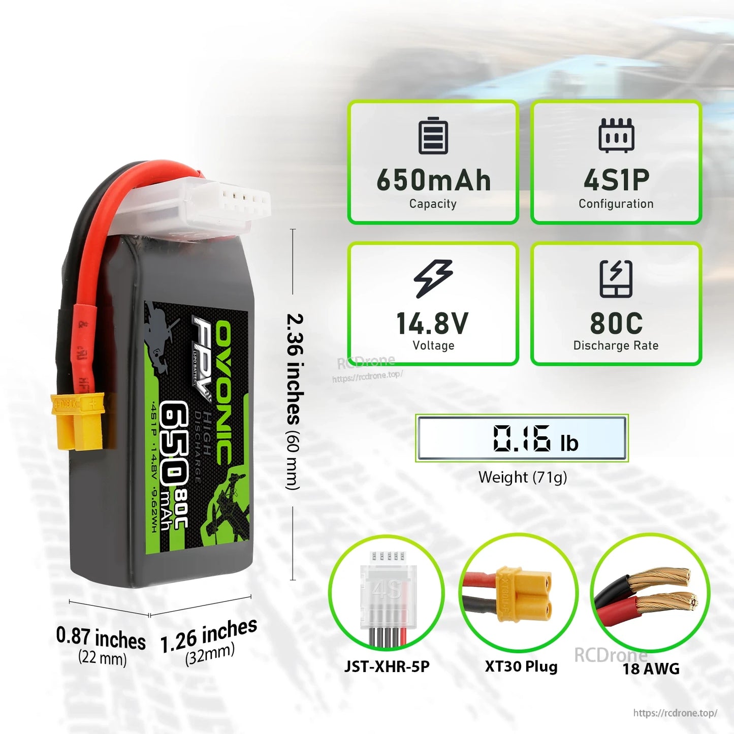 Ovonic 650mAh 4S 14.8V 80C LiPo battery size and weight chart with XT30 plug and JST-XHR-5P balance lead
