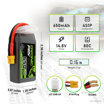 Ovonic 650mAh 4S 14.8V 80C LiPo battery size and weight chart with XT30 plug and JST-XHR-5P balance lead