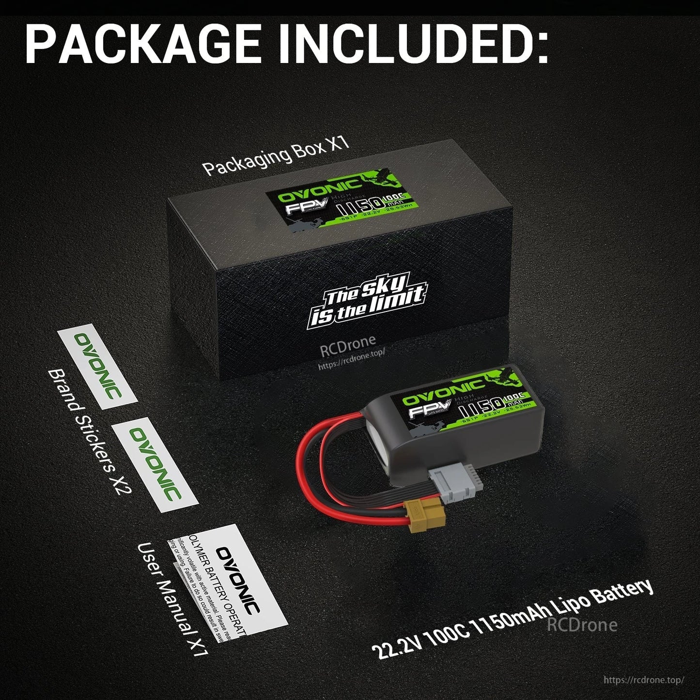 Package contents: Ovonic battery, retail box, user manual, and two brand stickers