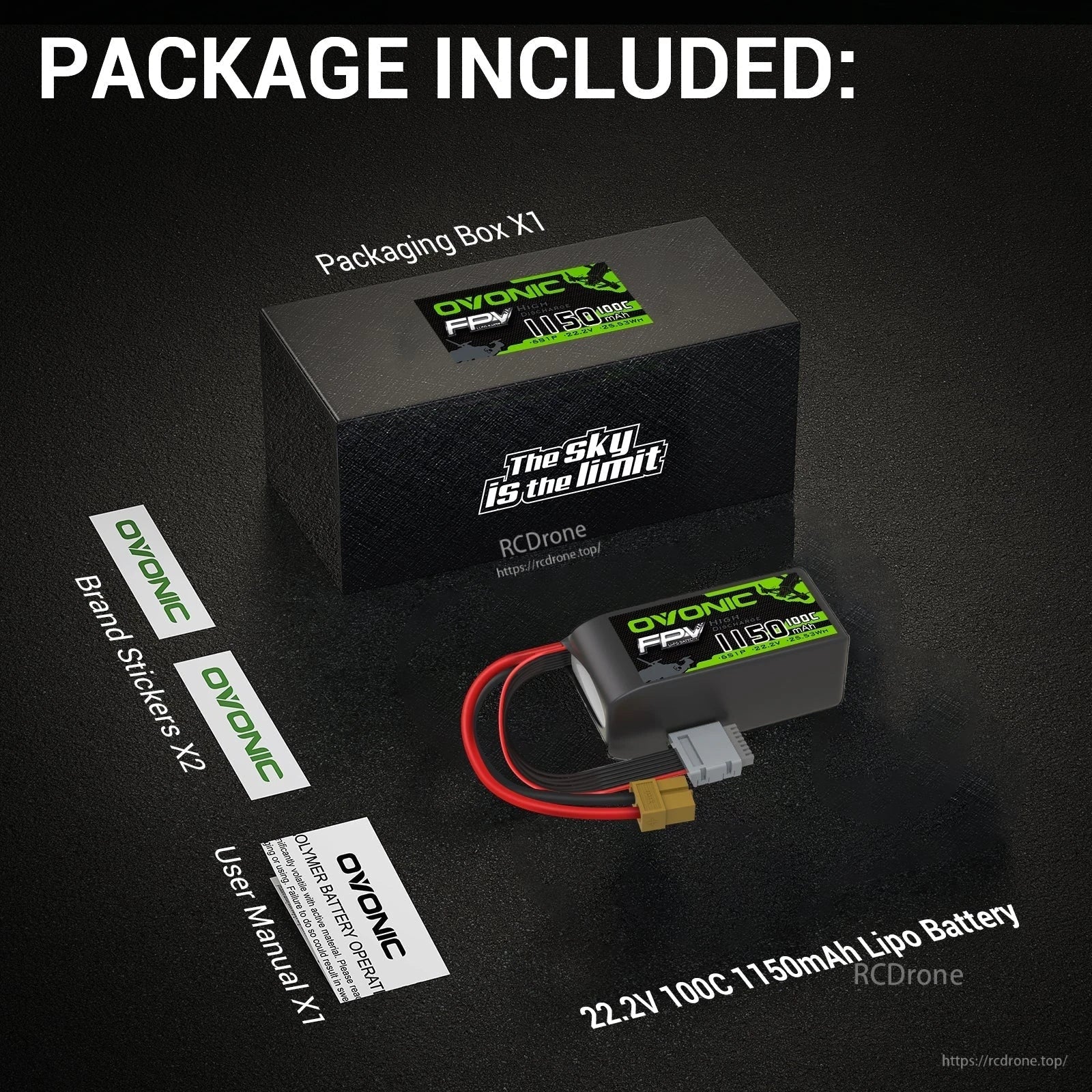 Package contents: Ovonic battery, retail box, user manual, and two brand stickers