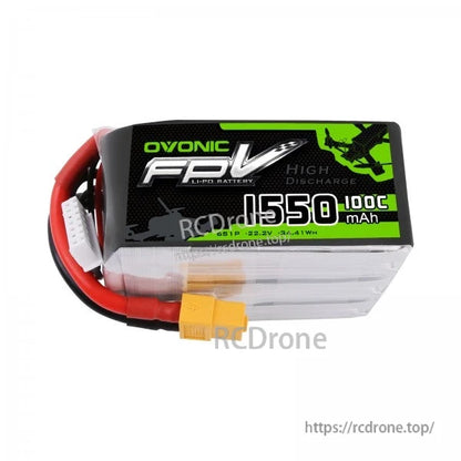 Ovonic FPV 6S 1550mAh 100C LiPo Battery on white background with XT60 plug and balance lead