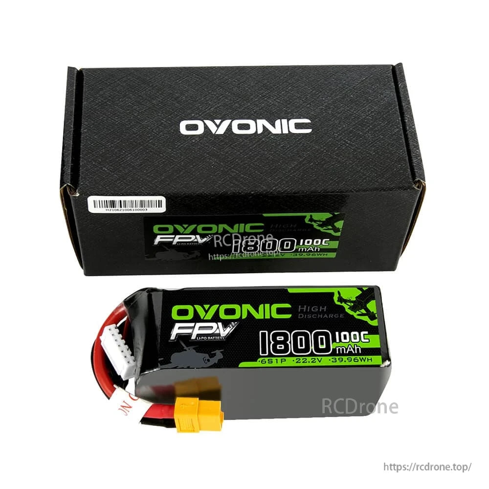 Ovonic 1800mAh 100C LiPo battery with Ovonic retail box, top-down view of pack and label