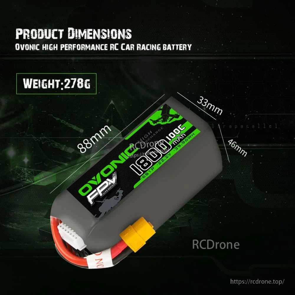 Ovonic 1800mAh LiPo battery dimensions graphic: 88mm x 46mm x 33mm, weight 278g