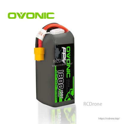 Ovonic 1800mAh LiPo battery on white background with Ovonic logo, angled front label view