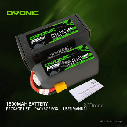 Package contents: Ovonic 1800mAh battery, packaging box, and user manual shown together