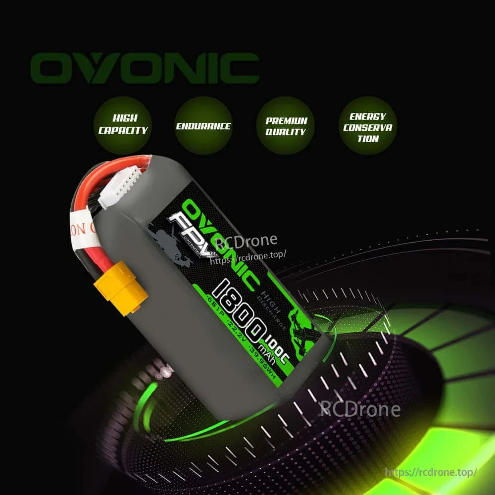 Ovonic 1800mAh 100C LiPo battery promo graphic with feature icons: capacity, endurance, quality