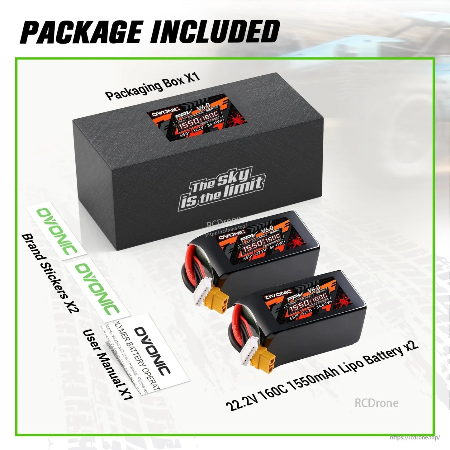 Package contents: Ovonic box, two 22.2V 1550mAh LiPo batteries, stickers and user manual
