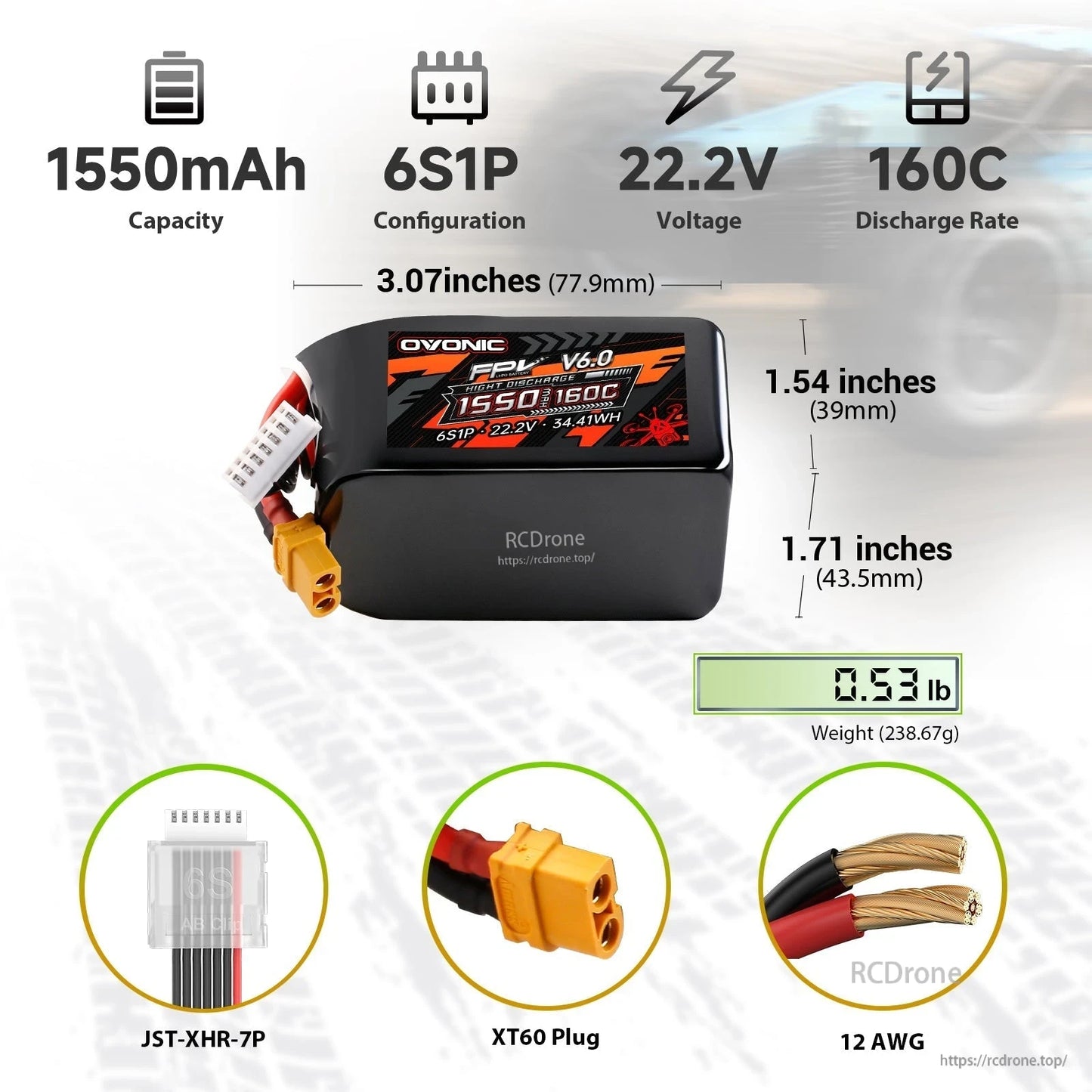 Ovonic FPV V6.0 6S 1550mAh LiPo battery dimensions, weight, and connector types infographic