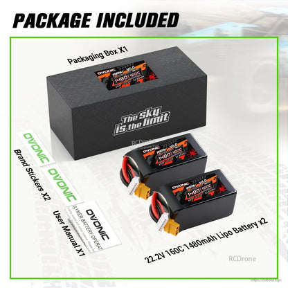 Package included: Ovonic box, two 22.2V 1480mAh LiPo batteries, user manual and brand stickers