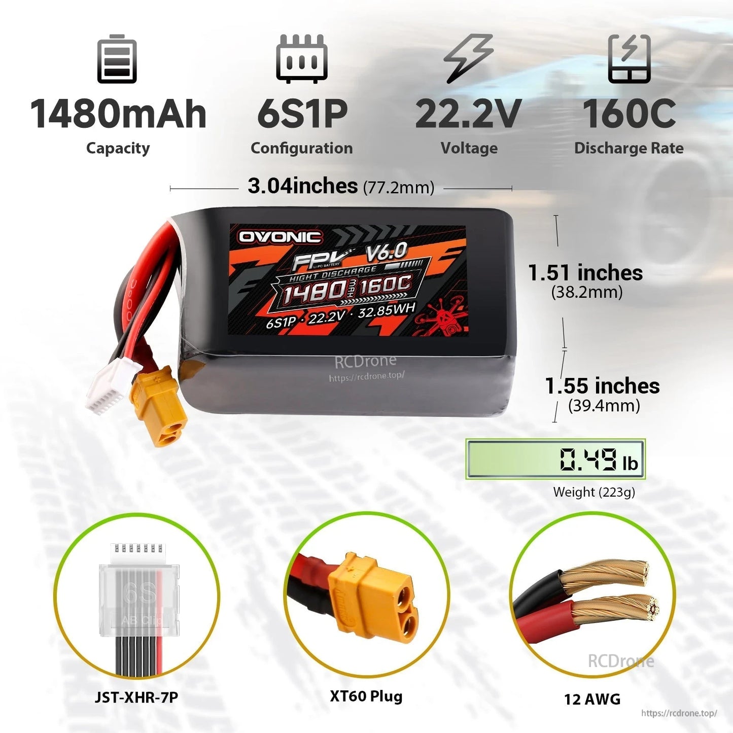 Ovonic FPV V6.0 6S 1480mAh 160C LiPo battery specs infographic with size, weight, XT60 and JST-XHR-7P