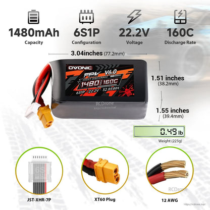 Ovonic FPV V6.0 6S 1480mAh 160C LiPo battery specs infographic with size, weight, XT60 and JST-XHR-7P