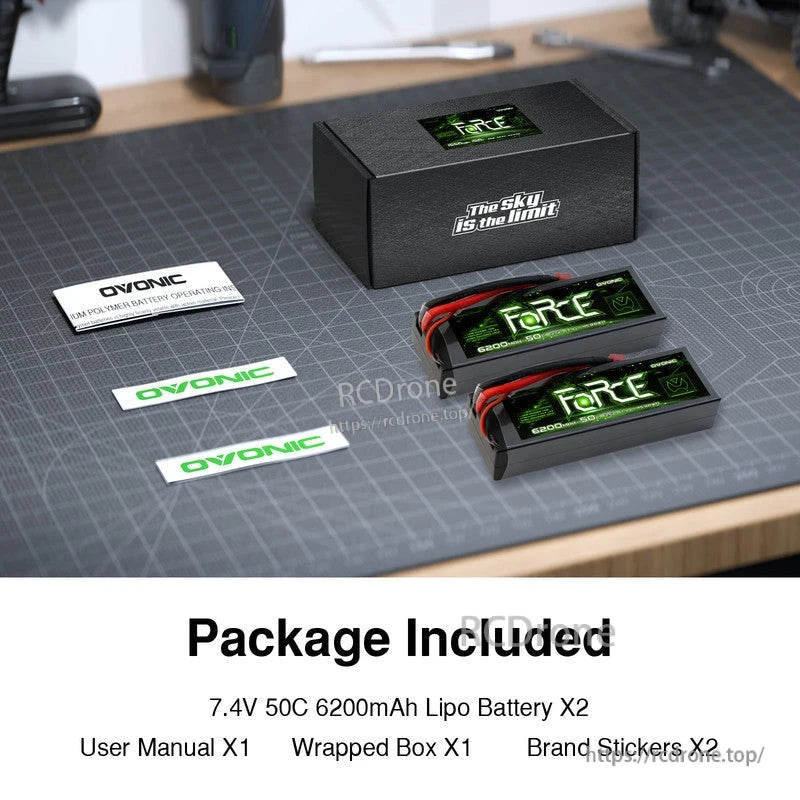 Package contents: two Ovonic Force 7.4V 2S 6200mAh LiPo batteries, box, manual, and stickers