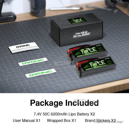 Package contents: two Ovonic Force 7.4V 2S 6200mAh LiPo batteries, box, manual, and stickers