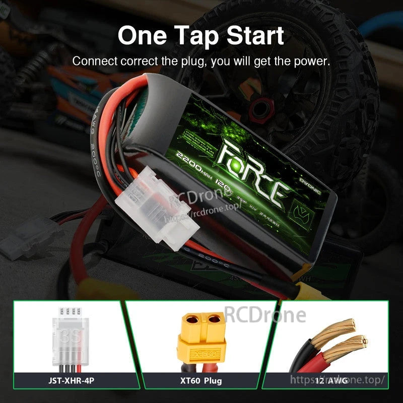 Connector guide showing XT60 plug and JST-XH 4-pin balance lead on Ovonic Force short LiPo battery