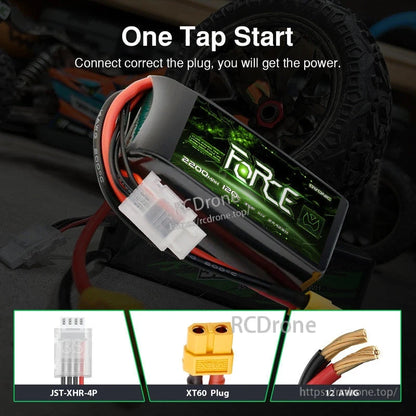 Connector guide showing XT60 plug and JST-XH 4-pin balance lead on Ovonic Force short LiPo battery