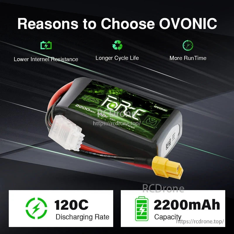Ovonic Force 3S 2200mAh 120C LiPo battery pack with XT60 discharge plug and JST-XH balance connector