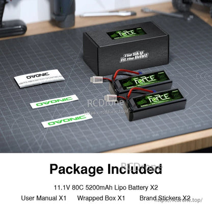 Package contents: two Ovonic Force 11.1V 3S hardcase LiPo batteries, box, user manual, and Ovonic stickers