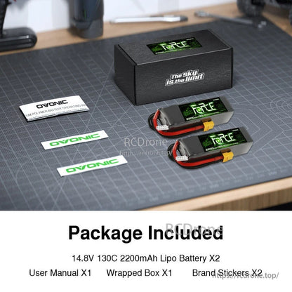 Package contents: two Ovonic Force 14.8V 2200mAh LiPo batteries, box, user manual, and Ovonic stickers
