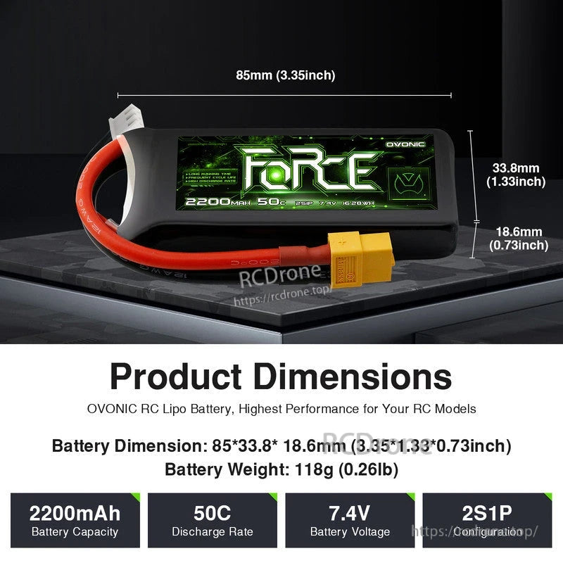 Ovonic Force 2S 2200mAh 50C LiPo Battery dimensions, weight, 7.4V voltage, and 2S1P configuration