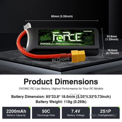 Ovonic Force 2S 2200mAh 50C LiPo Battery dimensions, weight, 7.4V voltage, and 2S1P configuration
