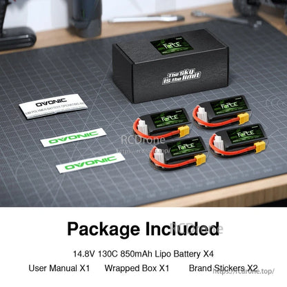 Package contents photo: 4 Ovonic Force 14.8V 850mAh LiPo batteries, box, manual, and stickers
