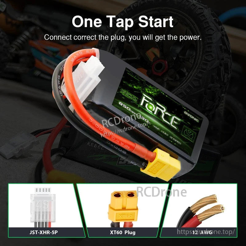 Battery plug and balance lead close-up showing one-tap start connection diagram (JST balance lead and XT plug)