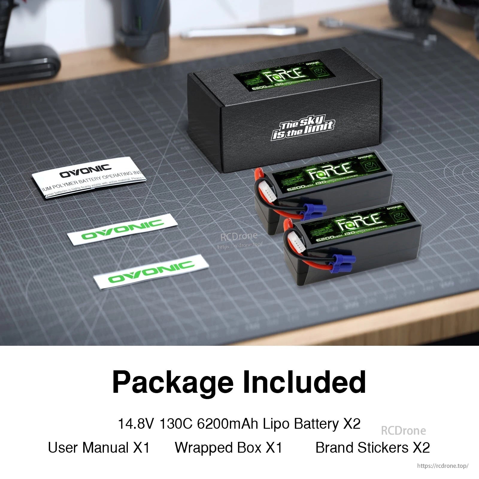 Package contents: two Ovonic Force hardcase LiPo batteries, storage box, user manual, and Ovonic stickers