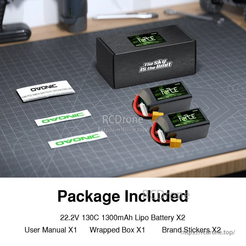 Package contents: two Ovonic Force LiPo batteries, box, user manual, and Ovonic stickers