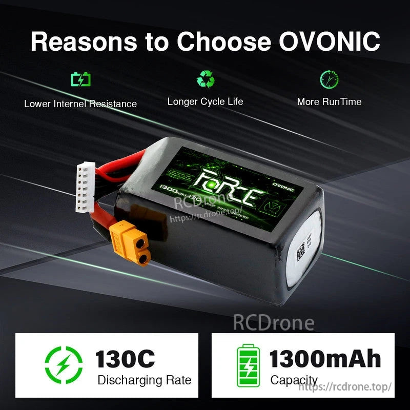 Ovonic Force 6S LiPo battery angled view highlighting 130C discharge rate and 1300mAh capacity