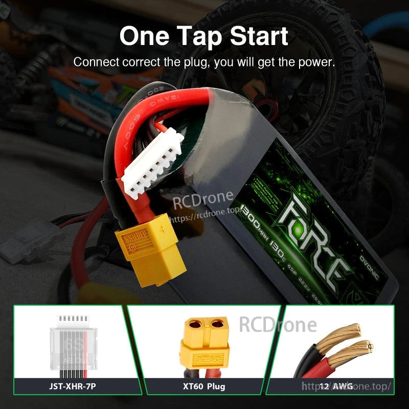 XT60 plug and JST-XH balance connector shown on Ovonic Force 6S 22.2V LiPo battery