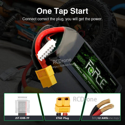 XT60 plug and JST-XH balance connector shown on Ovonic Force 6S 22.2V LiPo battery