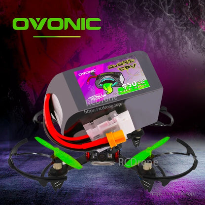 Ovonic Rebel 850mAh 6S LiPo battery shown mounted on an FPV quadcopter (use case graphic)