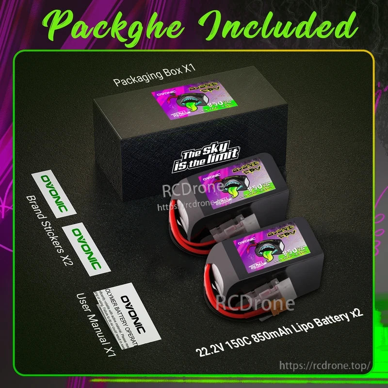 Package contents: two Ovonic Rebel 22.2V 150C 850mAh LiPo batteries, packaging box, stickers, and user manual