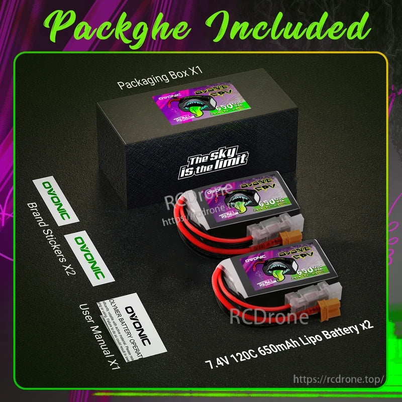 Package contents: two Ovonic Rebel FPV 2S 650mAh batteries, packaging box, user manual, and brand stickers