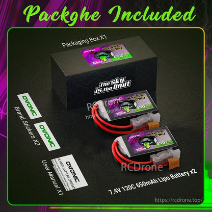 Package contents: two Ovonic Rebel FPV 2S 650mAh batteries, packaging box, user manual, and brand stickers