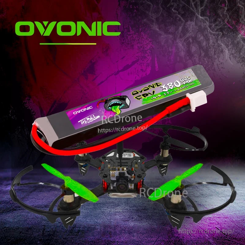 Ovonic 380mAh 1S LiHV BT2.0 LiPo battery shown with 65mm whoop FPV quadcopter use case